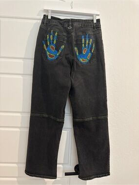 Upcycled Hand Painted Back Graphic Hot Topic Black Jeans with Green Stitching